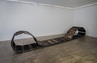 Majid Biglari, “Track”, from “The Experience of Dishevelment” series, thirty-six-piece installation, mixed media (iron, plywood, paint, etc.), 490 x 70 cm, (minimum 10 and maximum 68), unique edition, 2016
