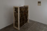 Majid Biglari, Untitled, from “The Experience of Dishevelment” series, mixed media (wood, archive folder, paper, organic glue, oil, etc.), 96 x 42 x 120 cm, 2017